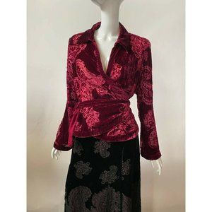 Ice Womens Velvet Wrap Jacket Red Paisley Long Sleeve Tie Collared M